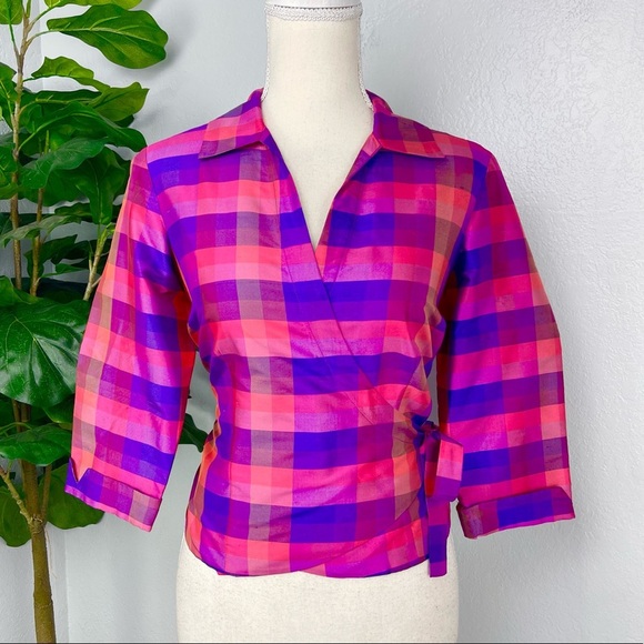 Vintage CLIO Silk Hot Fuchsia Pink Plaid Wrap Crop Top - Picture 1 of 6